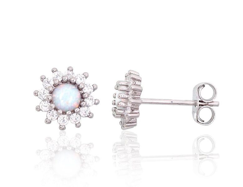 Sudraba auskari-nagliņas ar balto opalītu un cirkoniem, 925° sudrabs ar rodija pārklājumu