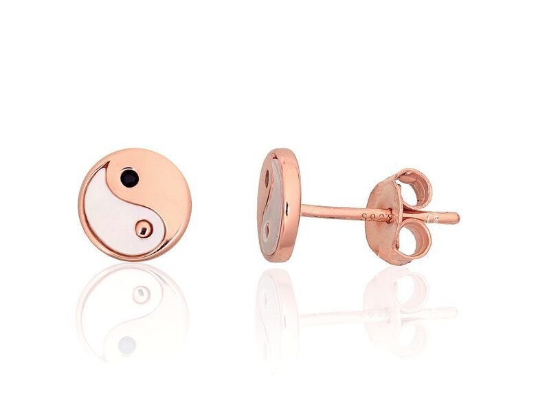 Sterling Silver IN and JAN Stud Earrings with Mother of Pearl and Zirconia – 925 Sterling Silver, Red Gold Plated