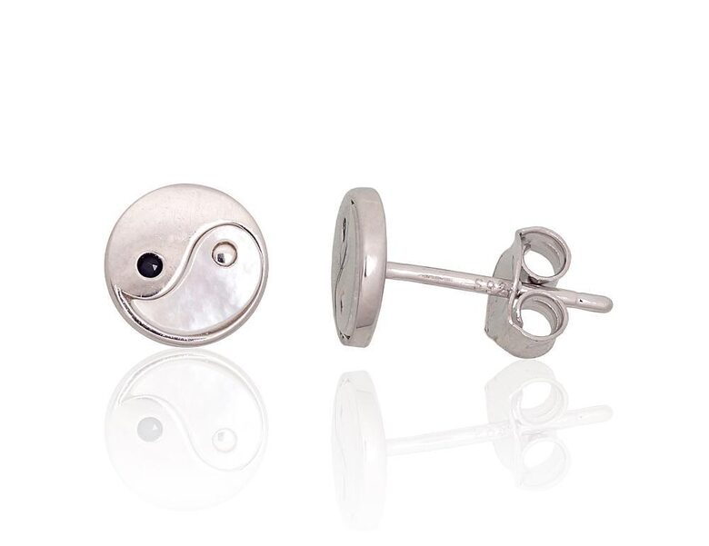 Sterling Silver IN and JAN Stud Earrings with Mother of Pearl and Zirconia – 925 Sterling Silver, Rhodium Plated