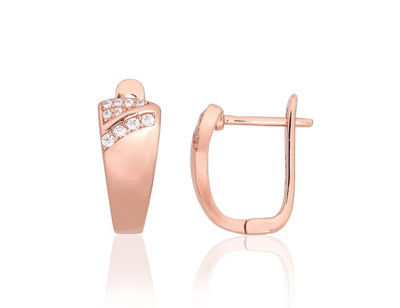 Silver Earrings with “English” Lock, Cubic Zirconia and Red Gold Plating