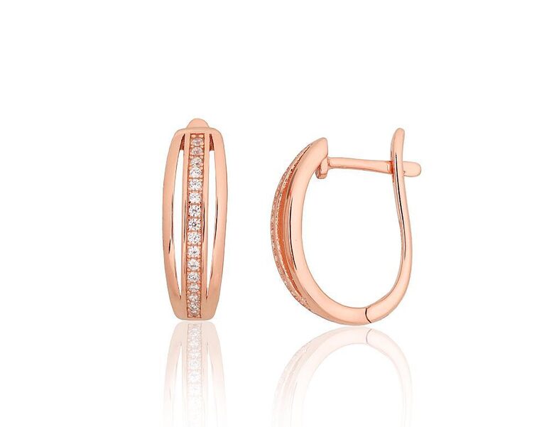Silver Earrings with “English” Lock, Cubic Zirconia and Red Gold Plating
