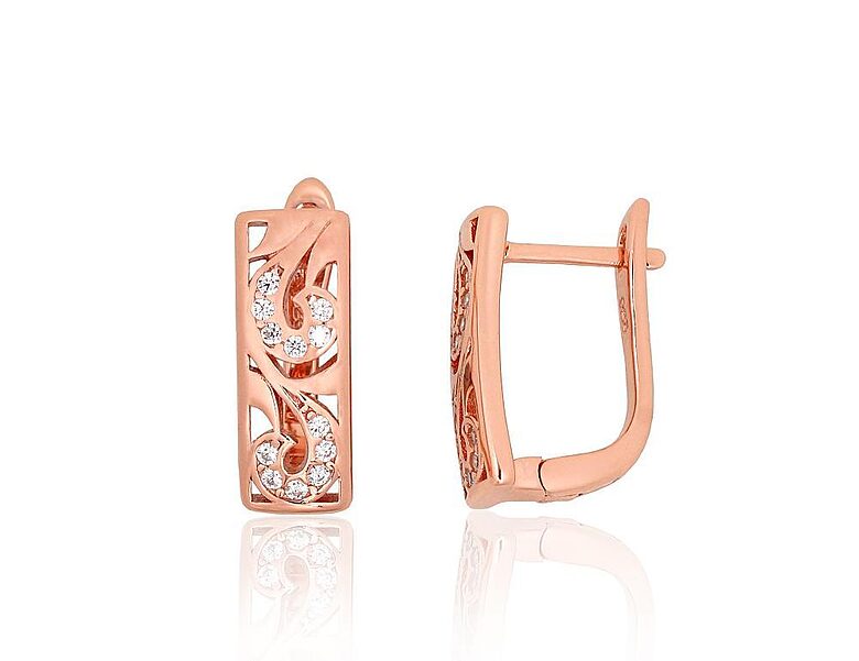 Silver Earrings with Cubic Zirconia, Red Gold Plated, 925 Sterling Silver