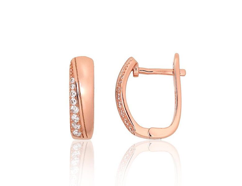 Silver Earrings with “English” Lock, Cubic Zirconia and Red Gold Plating