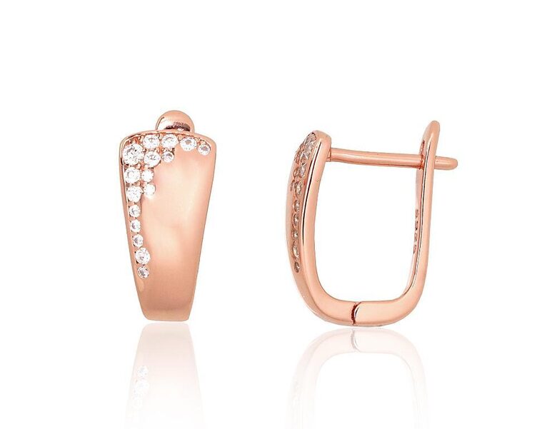 Silver Earrings with “English” Lock, Cubic Zirconia and Red Gold Plating