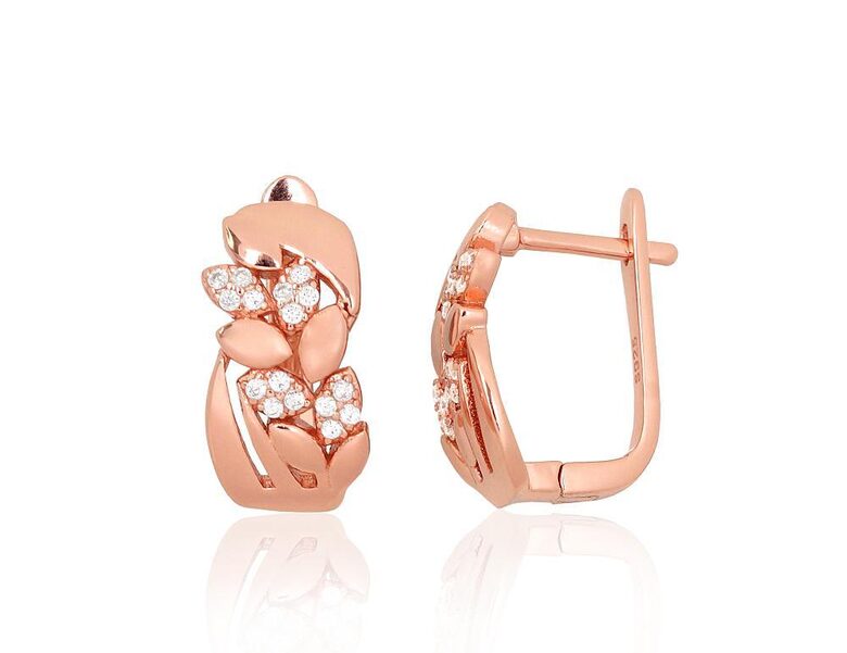 Silver Earrings with “English” Lock, Cubic Zirconia and Red Gold Plating