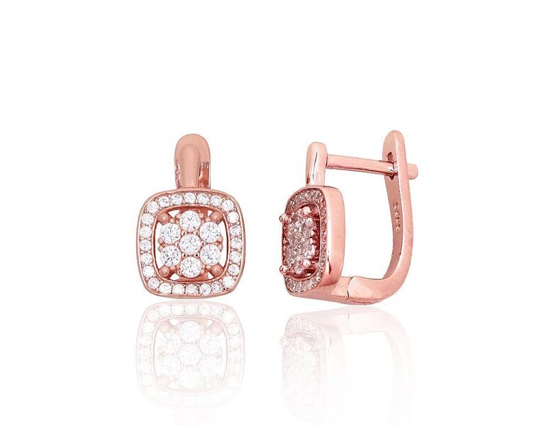 Sterling Silver Earrings with English Lock and Zircons – Red Gold Plated, 13 mm