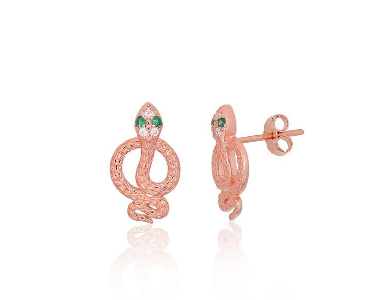 Серебряные серьги-гвоздики Змейка с цирконами, 925°, покрытие красным золотом
