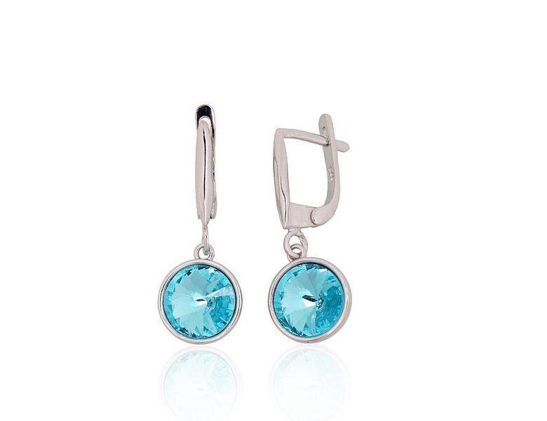 Silver Earrings with English Lock, 925°, Rhodium Plated, Sky Blue Crystals