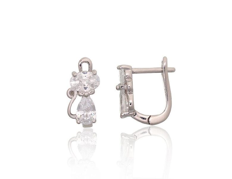 Серебряные серьги с английским замком Кошка, 925°, родиевое покрытие, цирконы