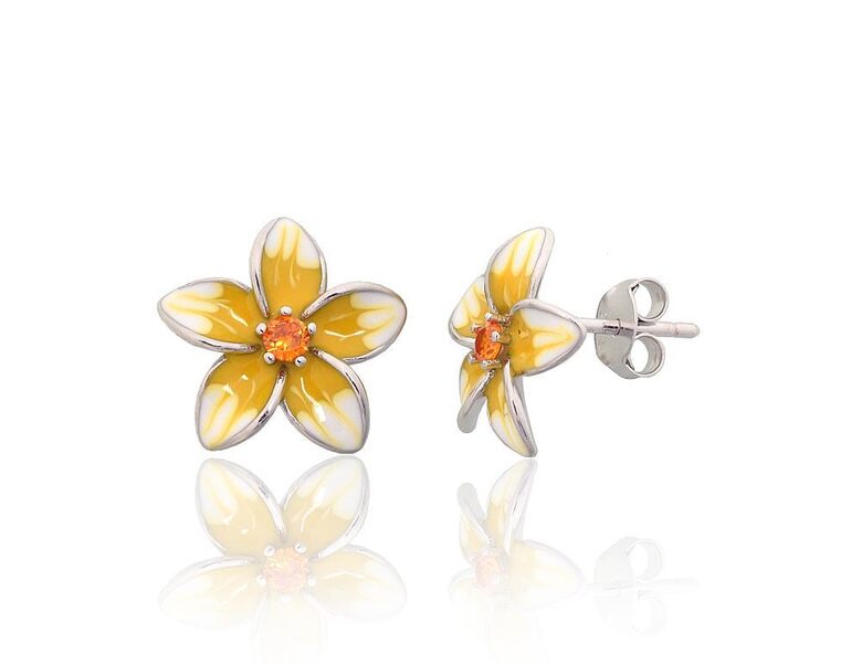 Серебряные серьги-гвоздики Цветок с цирконами и эмалью, 925°, родиевое покрытие