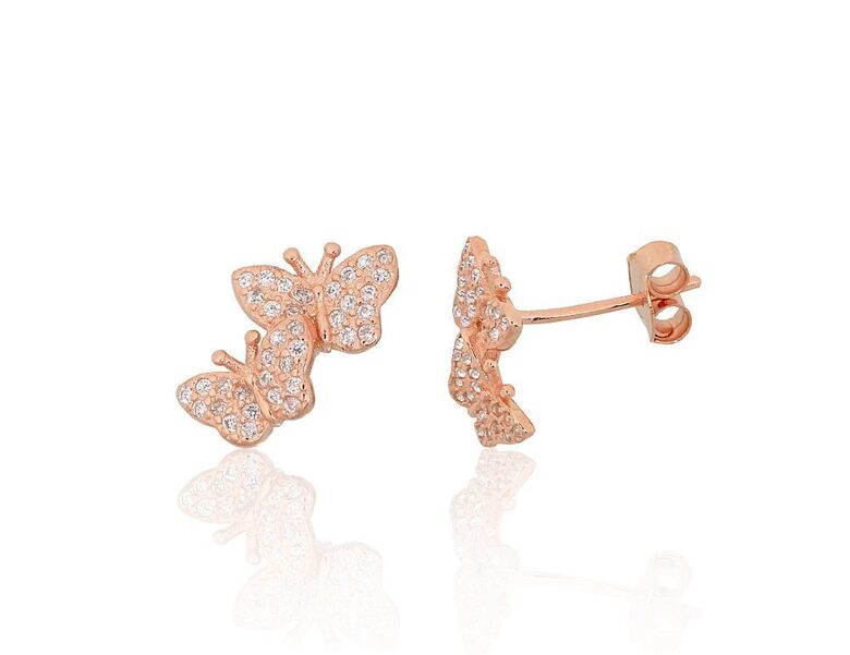 Silver Stud Earrings Butterflies with Zircon, 925 Silver Rose Gold Plated, 12 mm