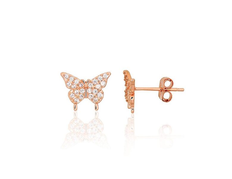 Children’s Silver Stud Earrings Butterfly with Zircon, 925 Silver Rose Gold Plated, 8 mm