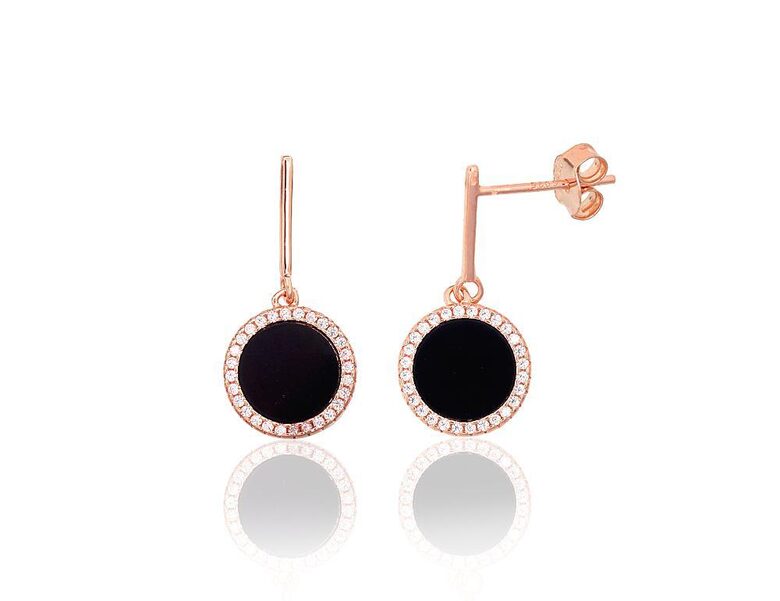 Серебряные серьги-гвоздики с ониксом и цирконами, серебро 925°, покрытие розовым золотом