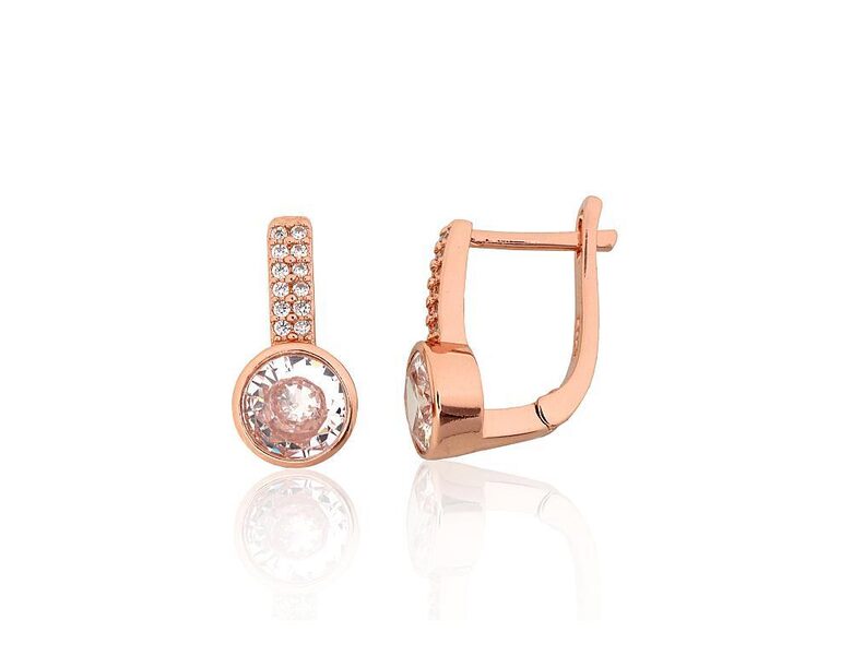 Silver Earrings with English Lock & Zircons, Rose-Gold Plated (15 mm)