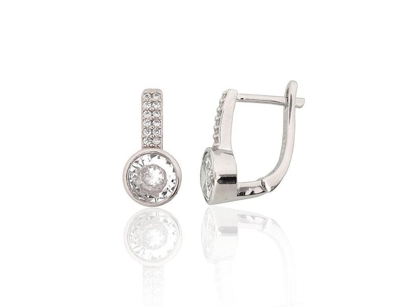 Silver Earrings with English Lock & Zircons, 925 Sterling Silver