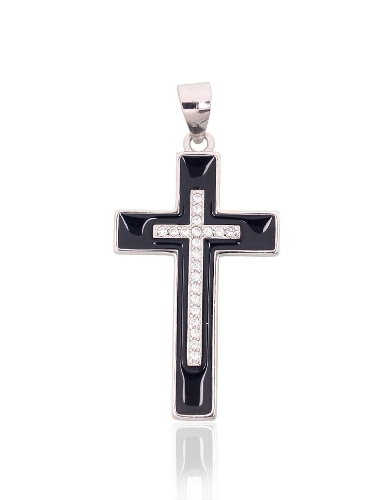 Sudraba kulons – krustiņš ar cirkoniem un melnu juvelieru emalju, 925° sudrabs ar rodija pārklājumu