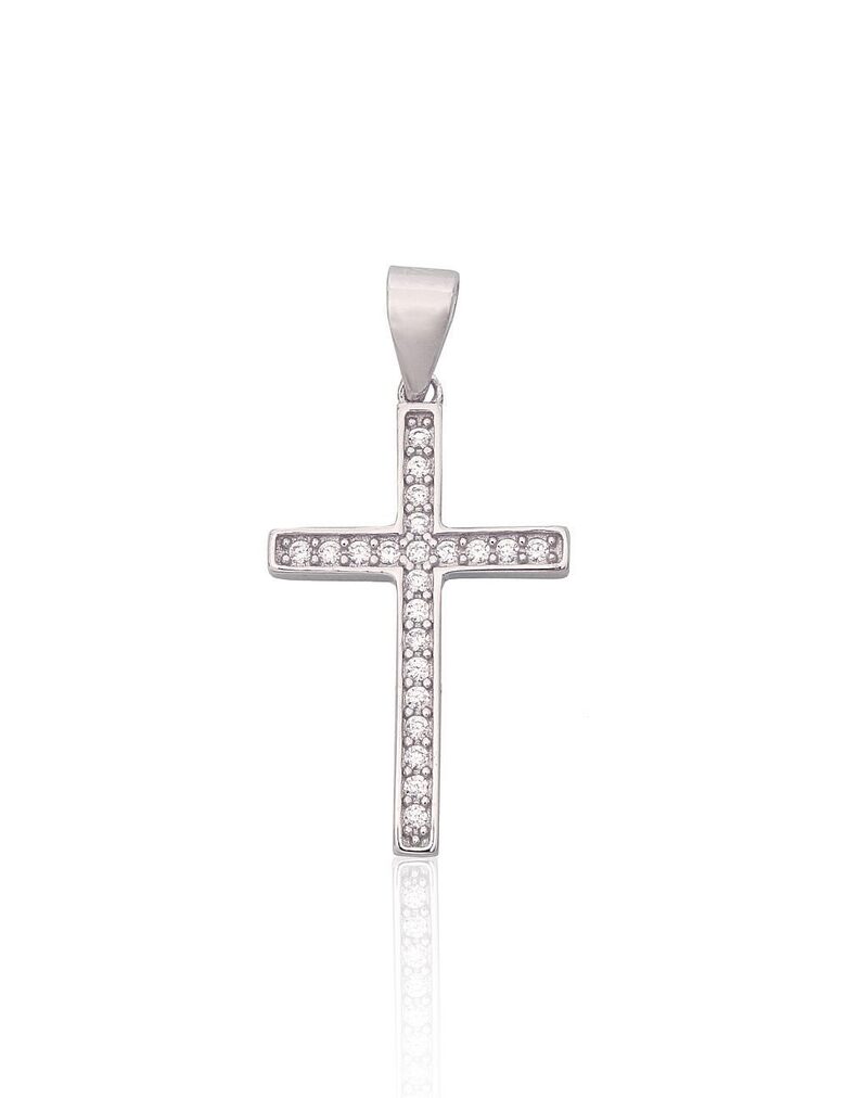 Серебряный католический крестик с цирконами – 925°, родиевое покрытие, 28 мм