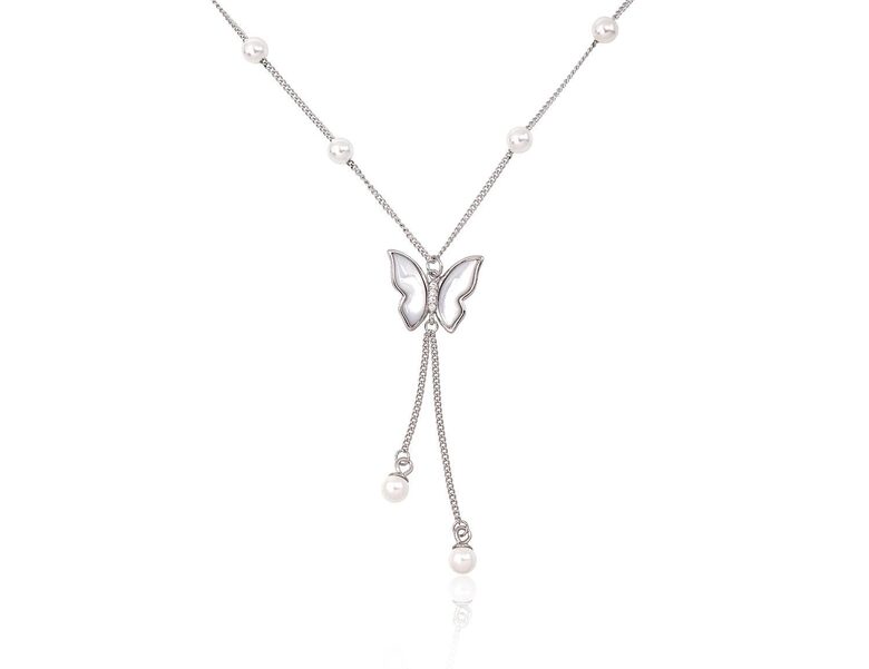 Sudraba kaklarota ar tauriņu, cirkoniem un pērlēm