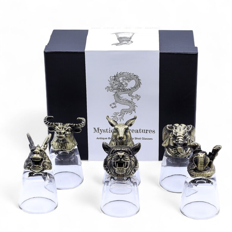 Dizainerių 50 ml taurelių rinkinys su žalvarinėmis figūromis „Mystical Creatures“ – 6 vnt.