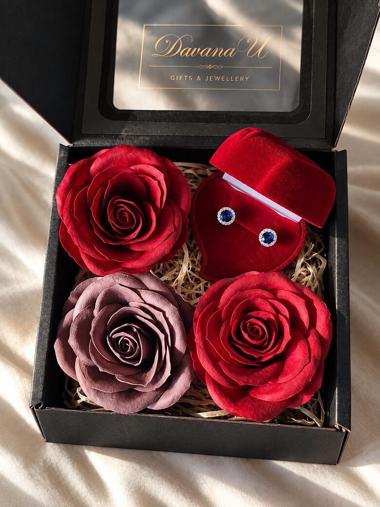 Romantic Gift Set for Her with 925° Silver Earrings and Bath Roses