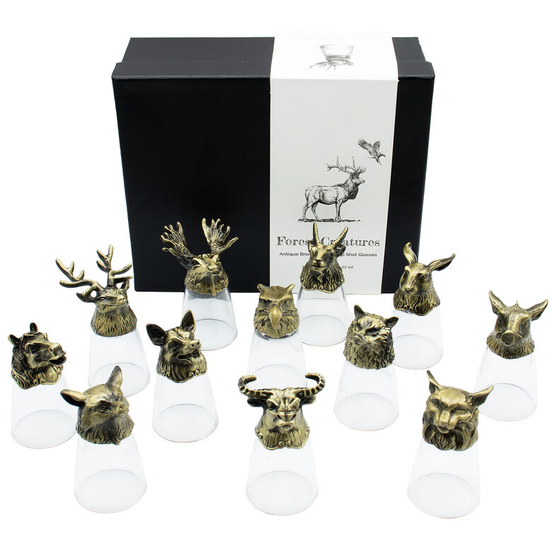 Taurelių rinkinys su žalvarinėmis gyvūnų ir mitinių būtybių figūromis „Forest & Mystical Creatures“ – 12 vnt., 25 ml