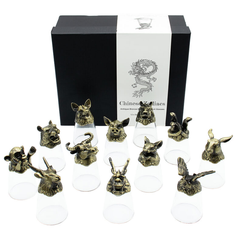 Taurelių rinkinys su žalvarinėmis Kinų zodiako figūromis „Chinese Zodiac Creatures“ – 12 vnt., 25 ml