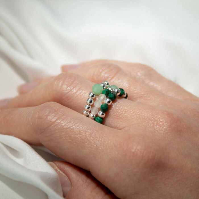 Dabīgo akmeņu gredzenu komplekts “Forest Spirit” – Aventurīns, Malahīts, Rožu kvarcs