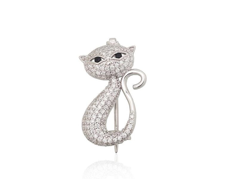 Silver brooch Cat, 925 sterling silver, rhodium plated, cubic zirconia