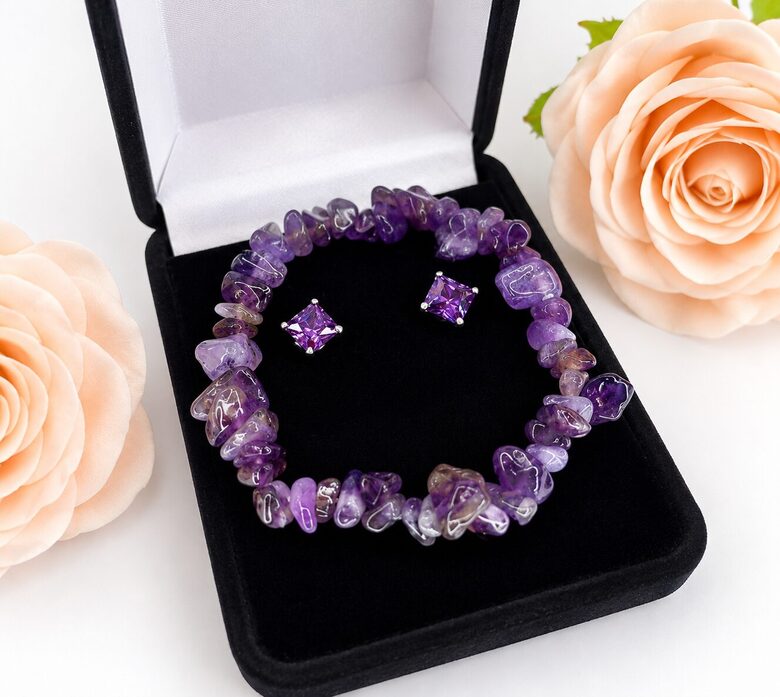 Silver Jewelry Set with Amethyst and Zirconia