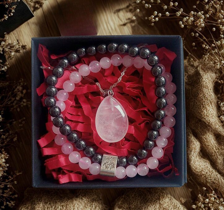 Rose Quartz Jewelry Set with a Silver Chain