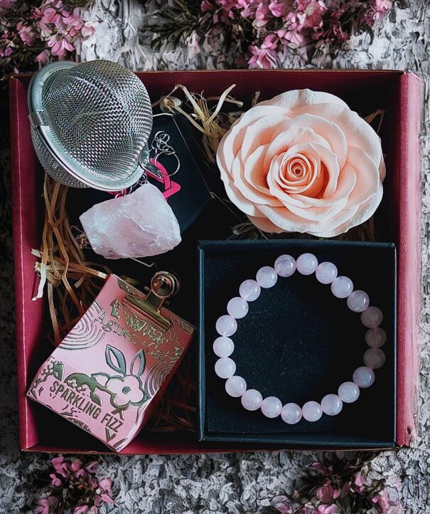 Gift Set for Women with Rose Quartz – Tea Infuser, Bracelet, Lip Balm