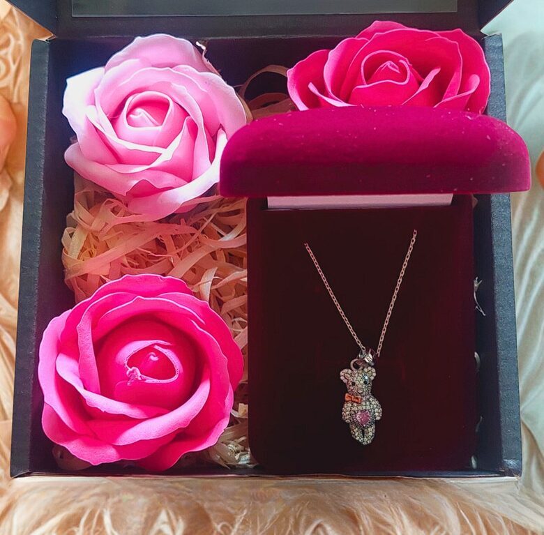 Charming Gift Set for a Girl – Silver Teddy Bear Pendant with Heart, Chain & Soap Roses