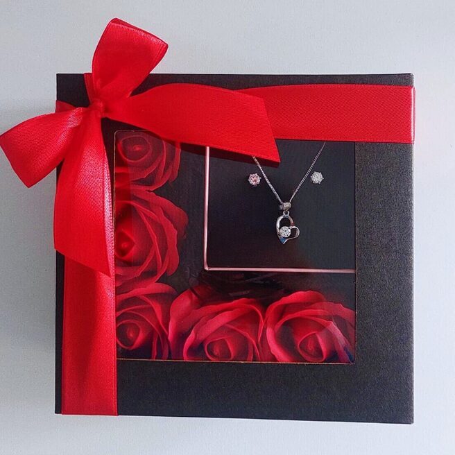 Silver Jewelry Gift Set with Earrings, Heart Pendant & Soap Roses