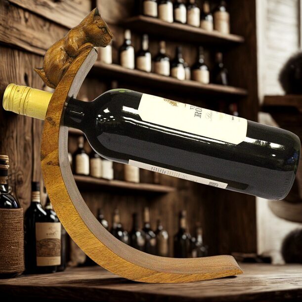 Balancing Wine Holder "Cat" – Hand-Carved Suar Wood from Indonesia