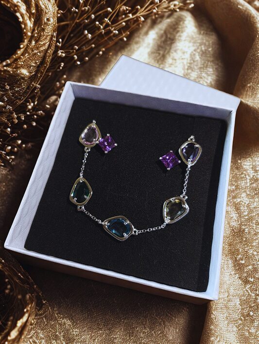 Silver Jewelry Set with Colorful Cubic Zirconia – Bracelet and Stud Earrings (925)