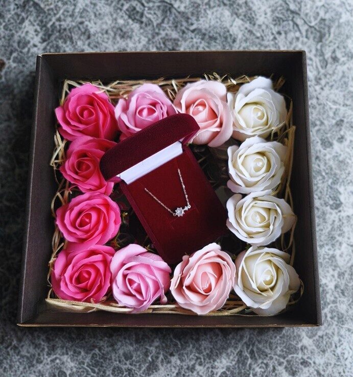 Gift Set for Women with Silver Bracelet and Soap Roses (12 pcs)