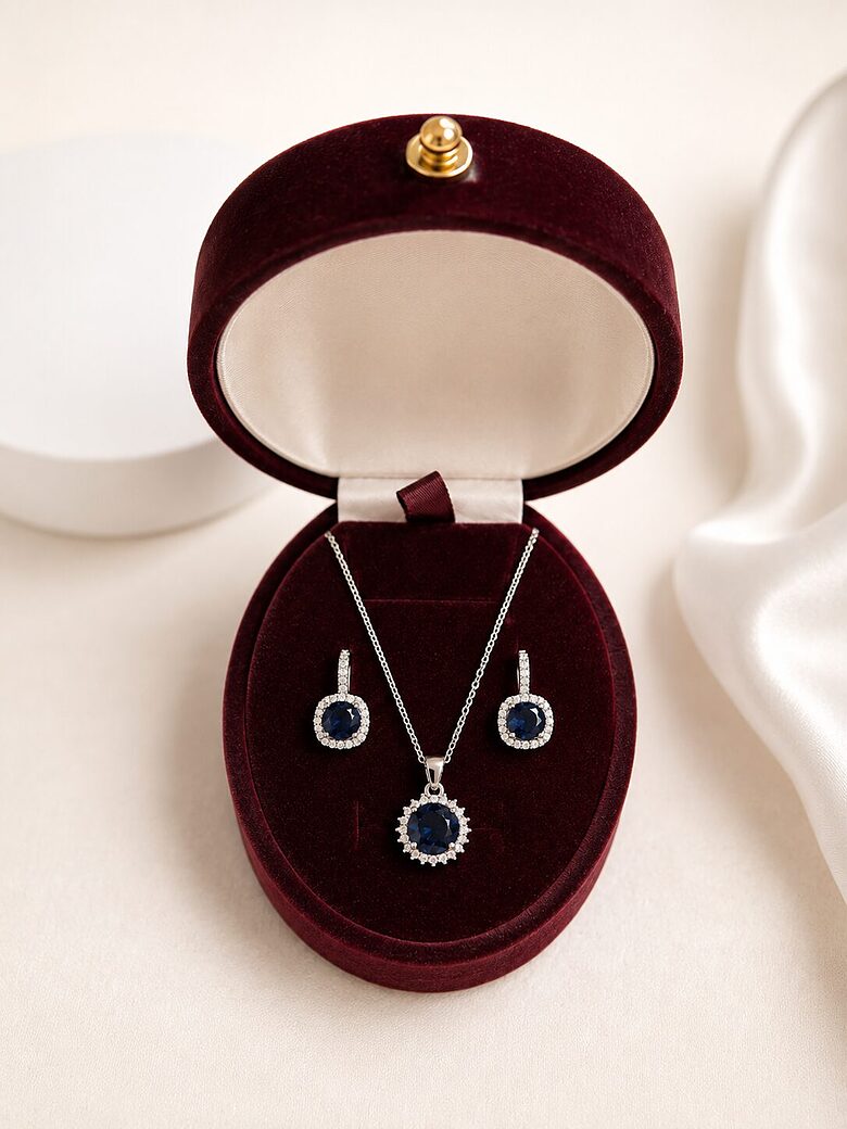 Sterling Silver Gift Set with Sapphire-Coloured Zirconia – 925 Sterling Silver, Necklace and Earrings