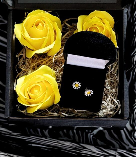 Dovanų rinkinys mergaitei su sidabriniais auskarais ir rožėmis