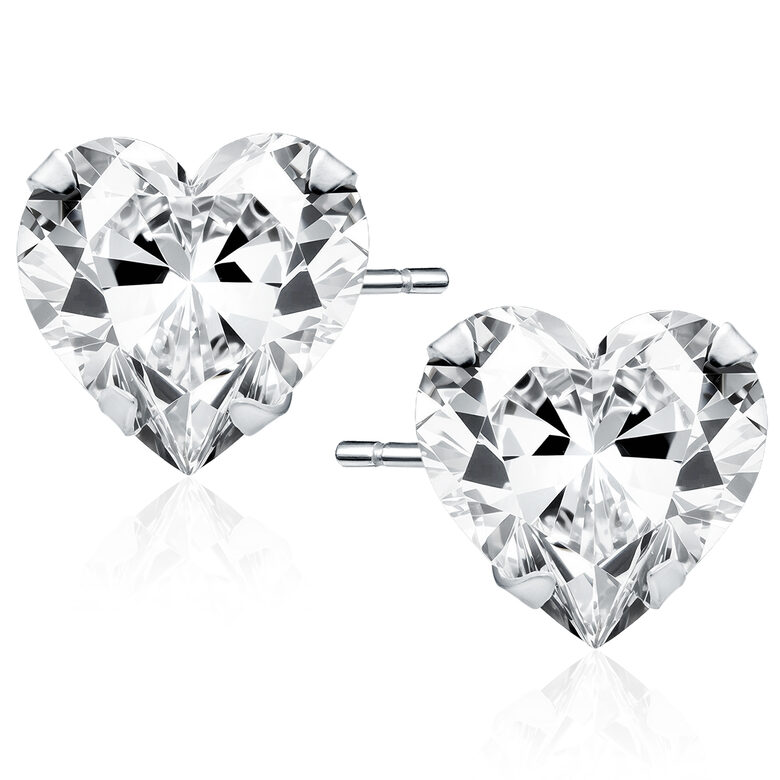 Sterling Silver Heart Stud Earrings with White Cubic Zirconia – Rhodium Plated