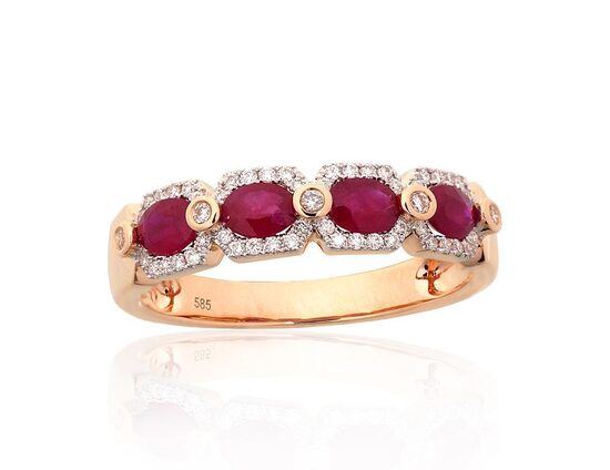 Zelta gredzens ar rubīnu un briljantiem, Sarkanais zelts 585°, rodijs, 19 izm.
