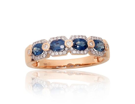 Zelta gredzens ar safīru un briljantiem, 585° rodijs, 18.5 izm.