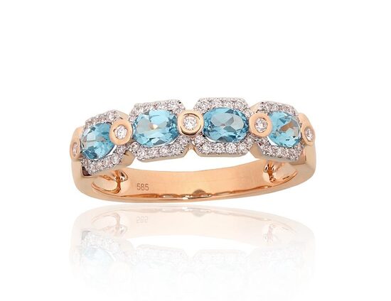 Zelta gredzens ar zilo topāzu un briljantiem, 585° rodija pārklājums, 17.5 izm.