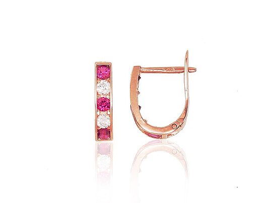 585° Red Gold Earrings with “English” Lock and Cubic Zirconia
