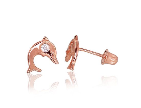 Bērnu zelta auskari-nagliņas ar skrūvēm “Delfīns”, cirkoni, 585° sarkanais zelts