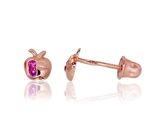 Bērnu zelta auskari-nagliņas ar skrūvēm un cirkoniem “Ābolītis”, 585° sarkanais zelts