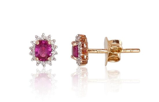 Zelta auskari-nagliņas ar rubīnu un briljantiem – 585° sarkanais zelts ar rodija pārklājumu