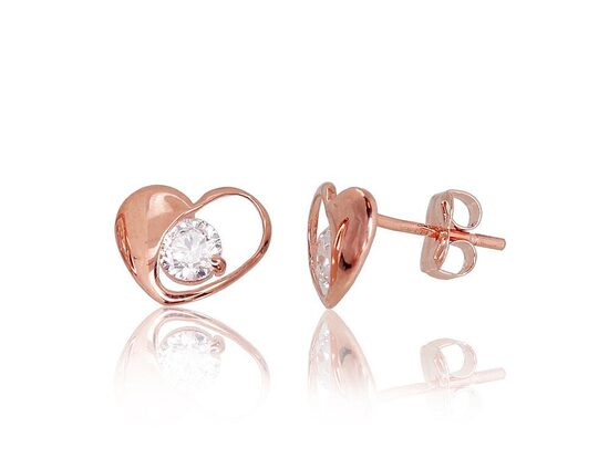 Золотые серьги-пусеты «Сердце» с белыми цирконами, красное золото 585°