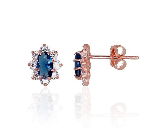 Золотые серьги-пусеты с синими цирконами, красное золото 585°