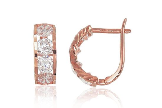 Золотые серьги с английским замком и цирконами, красное золото 585°