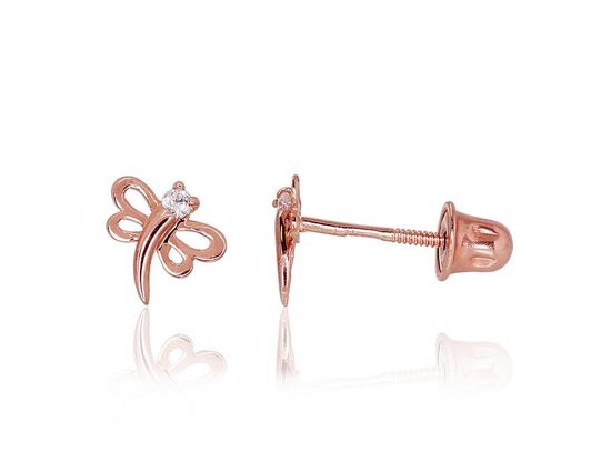 Gold Stud Earrings with Screw Back, Dragonfly, Red Gold 585°, Zirconia, 0.26 g, 6 mm